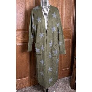 G by Giuliana Long Cardigan Olive  Gray Stars Size Small Petite NEW!